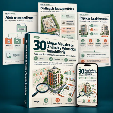 Guía 30 Mapas Visuales de Análisis y Valoración Inmobiliaria en portada de libro, teléfono móvil y páginas impresas