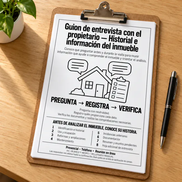 Guion de entrevista con el propietario impreso en un portapapeles marrón con pinza metálica