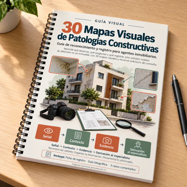 Guía visual de patologías constructivas en espiral sobre una mesa de madera, junto a una planta y un bolígrafo