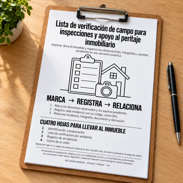 Lista de verificación de campo impresa en un portapapeles marrón con pinza metálica sobre una mesa de madera